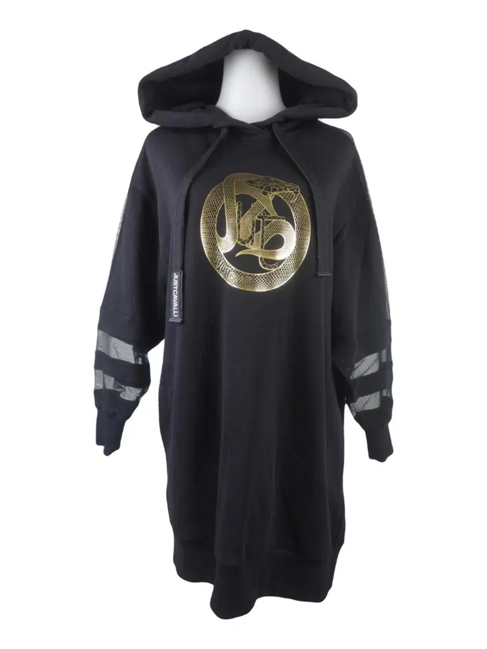 Just Cavalli Black Hoodie Dress with Gold Snake Emblem ,dress